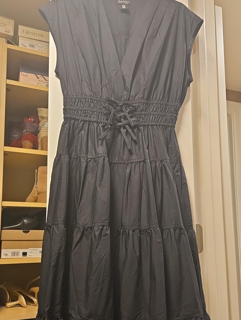 Black V-Neck Tiered Dress with Smocked Lace-Up Waist
